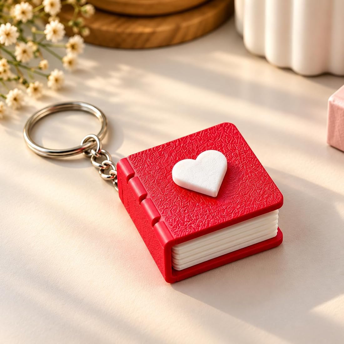 Red mini book keychain with a white heart on the cover